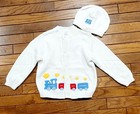 Vtg Knit Cardigan Sweater   Knit Cap Baby toddler White Colorful Trains 24mo Nwt