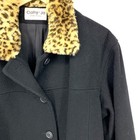 Vintage Cathy Jo Black Wool Coat Faux Fur Leopard Collar Size L