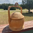 Vtg Chinese Wedding Basket Woven Wicker Rattan W  Bamboo Handle   Dome Lid
