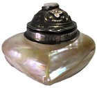 Delicate Vintage Mother Of Pearl Shell Snuff Jar  Trinket Box Metal Embossed Lid