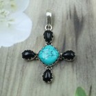 925 Sterling Silver Turquoise   Black Onyx Cross Pendant Boho Statement Jewelry