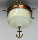 Vtg Nautical Light Fixture Ship Wheel Mcm Anchor Custard Art Glass Shade  l60