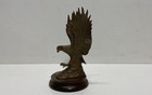 Eagle Figurine Cast Metal Brass Tone 9 Inch Tall On Wooden Base Vintage Style