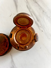 Antique Victorian Leather Covered Travel Inkwell Brass With Original Glass Well