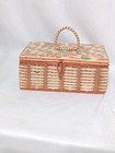 Vintage Wicker Sewing Box Plastic Covered Basket Case Orange Green Floral Japan
