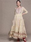 Indian Women Beige Rayon Embroidered Anarkali Flared Kurta Kurti Beautiful Dress