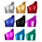 Kids Girls Vest Shiny Metallic Tank Tops One Shoulder Dance Tops Crop Top