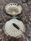 Vintage English Silver Plated Scallop Butter Dish - Glass Tray - Knife 