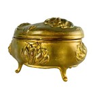 Antique Art Nouveau Gold Metal Jewelry Casket Box     Footed Trinket With Lotus
