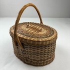 Vtg Woven Wicker Oval Basket W Handle   Lid 11 X9 X7 Sewing Picnic 60s 70s
