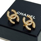 Chanel Cc Logo Coco Mark Vintage Earrings Gold Rhinestone Clipon Authentic Japan
