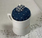 Antique Reproduction Pin Cushion  Early Calico Print Fabric  Blue  Child   s Cup