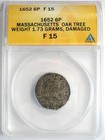 1652 Massachusetts Oak Tree Silver Sixpence 6p - Certified Anacs F15 Details