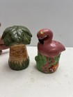 Vintage Tropical Pink Flamingo   Palm Tree Salt And Pepper Shakers 3  Tall