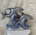 Vintage Iridescent Ceramic Triple Dolphin Figurine With Ocean Waves Decor