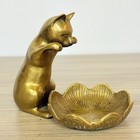 Vtg San Pacific Intl Solid Brass Cat W flower Volive Holder Trinket Dish Ashtray