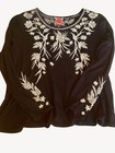 Johnny Was Talithia Black Embroidered Blouse Top Long Sleeve Boho Crew Large