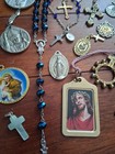 Vintage Lot Of Religious Catholic Medals Rosary Crucifixes Mary Jesus Blue