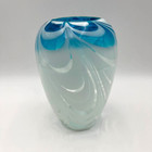 Vtg Hand Blown Art Glass Vase Blue White 9 X 6 Swirl Murano Style