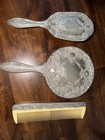 Vtg 3 Pc Silver Plate Victorian Style Dresser Vanity Set Mirror Brush And Comb