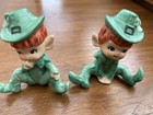 2 Vintage Lefton Ceramic Sitting Green Elf Pixie Figurines Elves 50   s