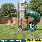 Kids Outdoor Metal Swing Set Play Set With Swings  Climbing Ladder  Sandbox hoop