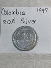 1947 - 20 Centavos Colombia Silver Coin   Variety With  b  Below    rare    nice 