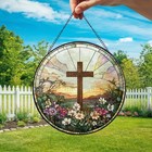 Stained Glass Cross And Wildflowers Suncatcher Christian Glass Window Hanging