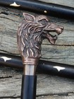 Antique Copper Brass Wolf Head Walking Stick Vintage Wooden Disassembling Cane