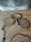 Antique 1880s Pince-nez Eyeglasses Steel Oval Frame Cork Nose With Chain   Case