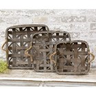 New Primitive Rustic Tobacco Baskets Brown Farmhouse 3 Pcs Handles Decor Square