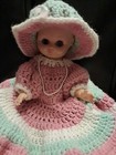 Vintage Hand Crocheted  Dress And Hat Bed Pillow  Doll   Rose  White Light Green