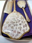Vtg Nos Gold Tone Hand Mirror -hair Brush-comb  Vanity Set Boxed Floral