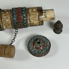 Vintage Tibetan Buddhist Prayer Wheel 10    Carved  brass Turquois  coral W scroll