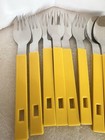 Vintage Mcm Stainless Flatware 24 Piece Hong Kong Yellow Plastic Cutout Retro