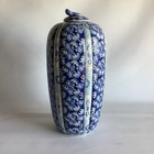 Vtg Qianlong Chinese Floral Blue And White Porcelain Melon Jar Vase W  Lid 15 