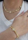 14k Gold Plated Cz Clover Flower Cuban Choker Chain Necklace And Bracelet Set 