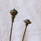 2 Antique Green Glass Stone Brass Tops Hatpins Both Over 6 