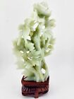 Chinese Late 20th C Bowenite Serpentine Rose   Birds Statue 8  Tall Jade Look