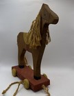 Horse Pull Toy 11  Homemade Handpainted Wheeled Wooden Red Attached Rope Vtg