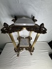 Vintage Italian Marble Top Inlay  2 Tired Pedestal Ornate Gold Brass Plant Stand