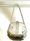 Antique Silver With Enamel Compact Art Deco With Chain