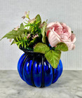 Cobalt Blue Caged Glass Vase Vintage Art Glass Hand Blown 4 25    Tall