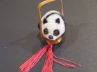 Rare Vintage Panda In Basket With Orig Red Tassel Ornament Decoration Real Fur