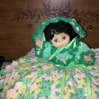 Vintage Crochet Sleepy Eye Doll Bed Pillow Retro Green Pink Yellow Dress