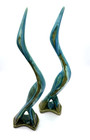Vintage Mid Century Heron Crane Bird Green Blue Pottery Ceramic Pair Of Figures