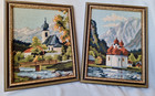 Pair Of Vintage Needlepoint European Mountain Landscape Churches Framed 9 x11 