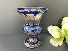 Vtg French Cobalt-blue Crystal Overlay Footed Vase   Hand Painted In Matte Gold