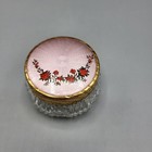 Vintage Trinket Powder Vanity Jar Pink Guilloche Enamel Rose Glass Gold Tone Lid