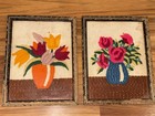 Mid-century Crewel Embroidery Flower Art 6 5x9 Framed Yarn Stitch Pair 1940s Vtg